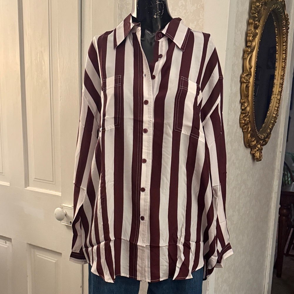 NWT 100% Silk Washable Newport News Plum & White Striped Button Up Blouse Medium
